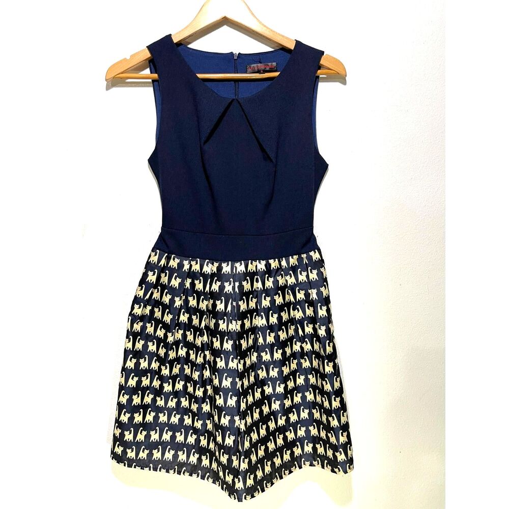 SM Wardrobe dress novelty print cat lovers tie back festive casual women S